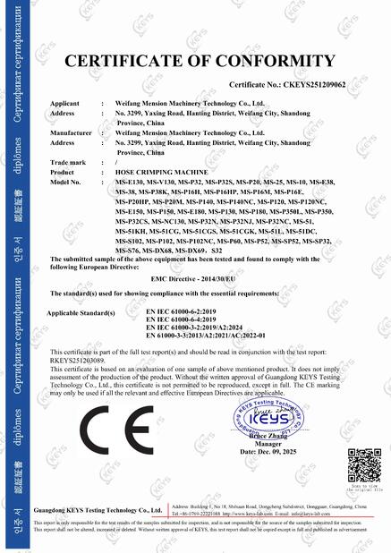 Китай Weifang Mension Machinery Technology Co., Ltd. Сертификаты